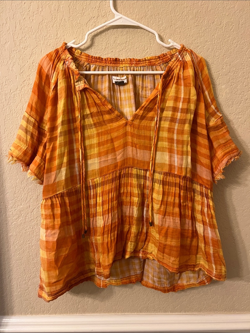 Anthropologie Orange and Yellow Plaid Peasant Tunic